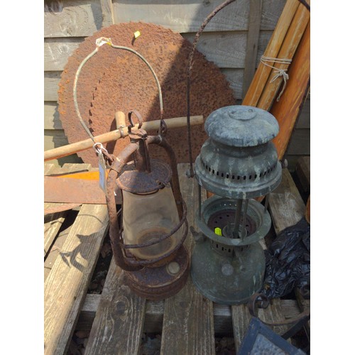 67 - two vintage lanterns + 2 x glass lamp shades