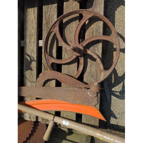 69 - Vintage scythe with orange blade and wooden handle 