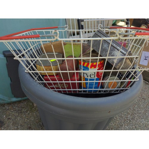 54 - Shopping basket with various vintage tins 