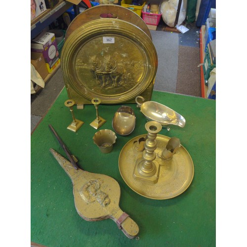 162 - Various fireside metalware inc. bellows, small charger etc