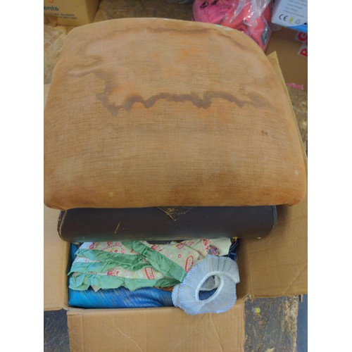 176A - Box of mixed fabric + small padded stool filled with sewing items 