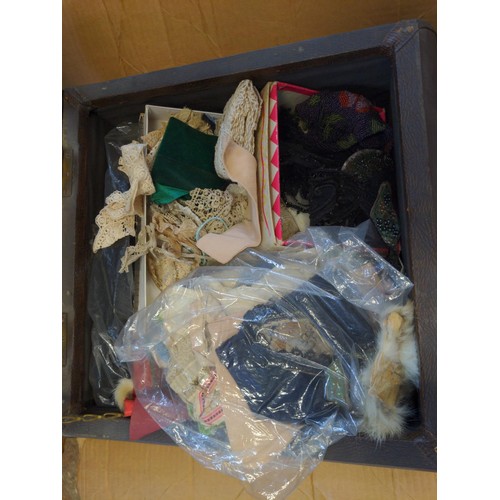 176A - Box of mixed fabric + small padded stool filled with sewing items 