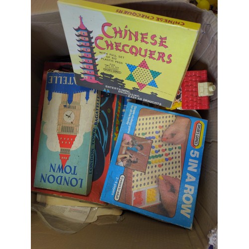 177 - Large box of vintage games inc. London Town, 5 in a row & other vintage toys inc. Dolls, Fisher ... 