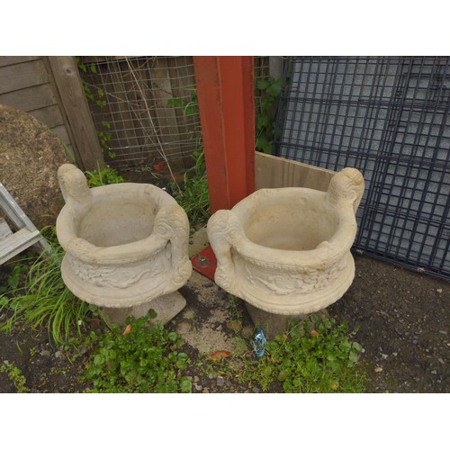 28 - 2 x concrete urn pedestal planters D46cm H50cm