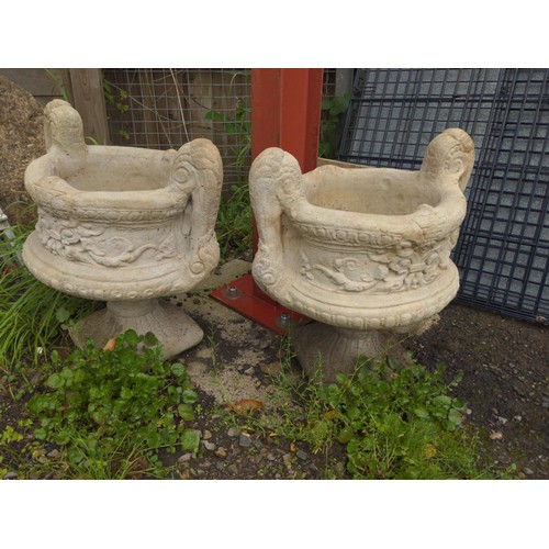 28 - 2 x concrete urn pedestal planters D46cm H50cm