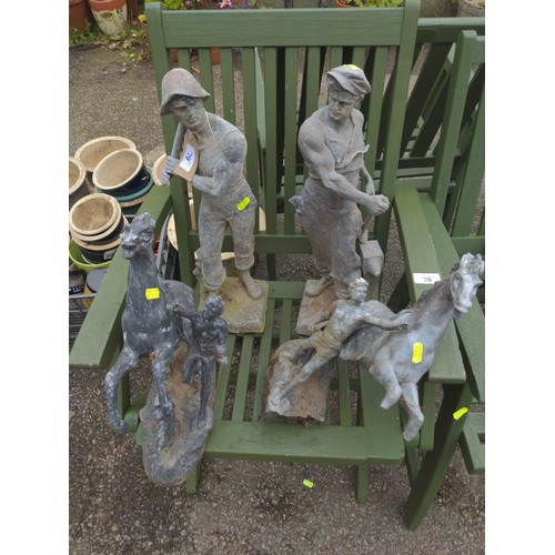 79 - metal garden statues x 4 Inc blacksmiths + horses 