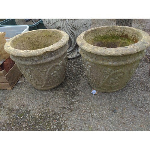 92 - concrete floral design planters x 2 Dia 36cm H30cm 