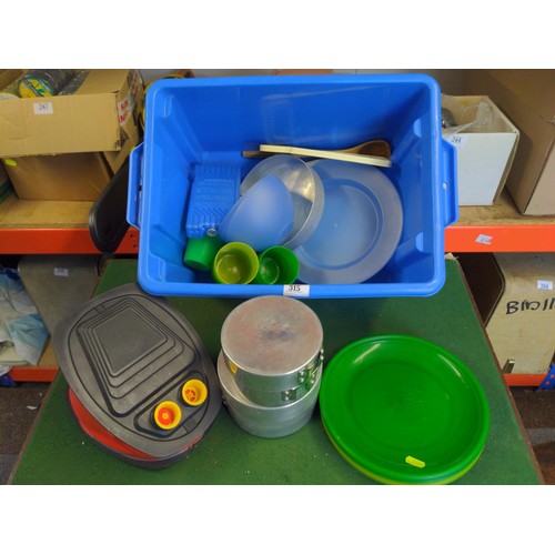 315 - S/S Bread bin plus grater, camping plastic plates and cups etc..