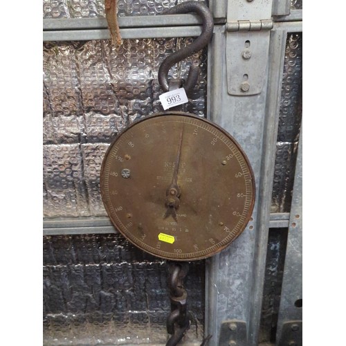 993 - Hanging Salter trade scales with large hooks, to weigh 200 lbs Overall length 66cms