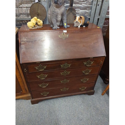 995 - Mahogany bureau with 4 lower drawers , original handles, 1 key supplied, w 92 x d 50 x ht 98 cmx