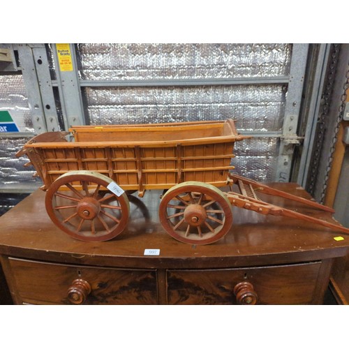 996 - Model hay cart with 4 wagon wheels, looks hand made, overall length 86 cms, width 34 cms