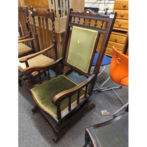 1086 - American style rocking chair in hardwood with green velvet seat W53cm x D50cm x H107cm