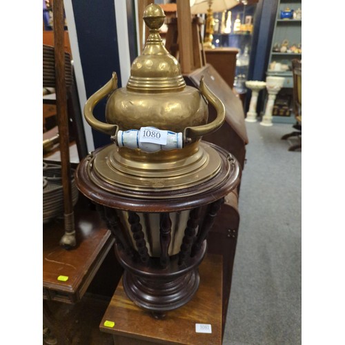 1080 - Ornate Kettle with stand and vessel for keeping water cool/warm in mahogany and brass. Dia 37 H77 Ap... 