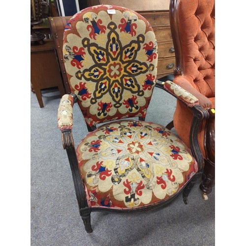 1082 - Victorian upholstered arm chair with original castors. W 67 H99 CM