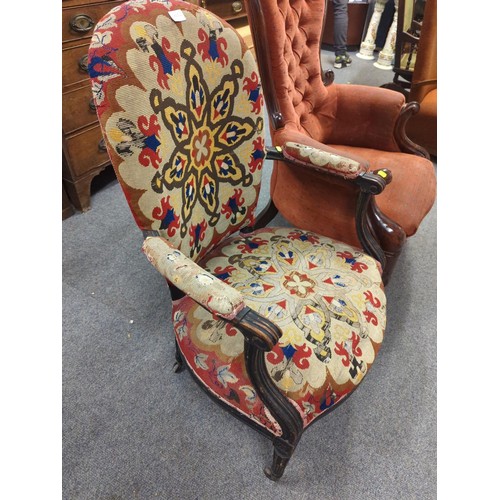 1082 - Victorian upholstered arm chair with original castors. W 67 H99 CM