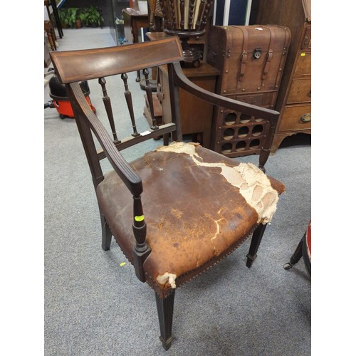 1084 - Early 20c hardwood arm chair with leather seat. W54 H82 cm