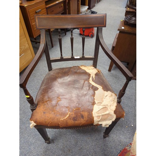 1084 - Early 20c hardwood arm chair with leather seat. W54 H82 cm