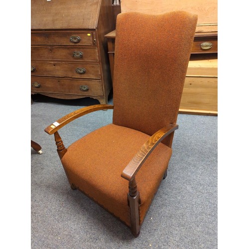 1085 - High back oak and upholstered arm chair with original covering. W53 H96 cm