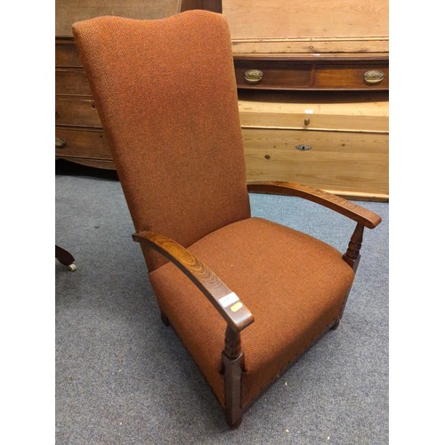 1085 - High back oak and upholstered arm chair with original covering. W53 H96 cm