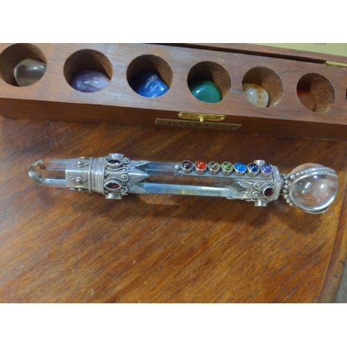 273 - Clear quartz chakra/healing wand mounted in white metal, L17.5cm together with a crystal chakra set