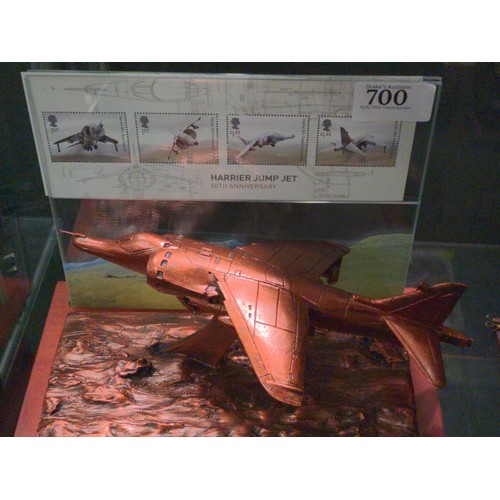 239 - Danbury Mint Harrier Jump Jet 50th Anniversary bronzed sculpture of a Harrier, with mint stamp sheet... 