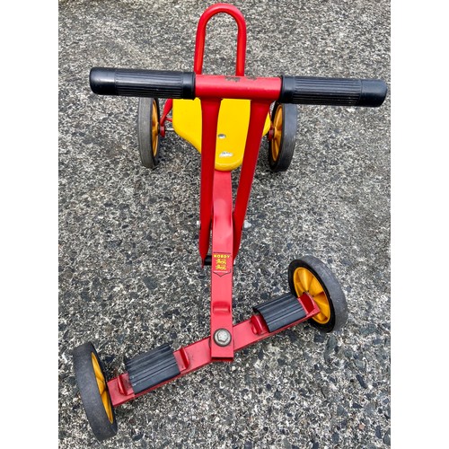 695 - Vintage child’s push along four wheel trike in red and yellow. Nordy Sarl Fabrication Francaise.