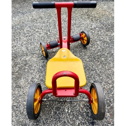 695 - Vintage child’s push along four wheel trike in red and yellow. Nordy Sarl Fabrication Francaise.