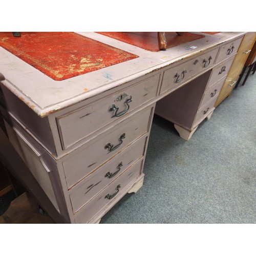 462 - Painted leather top knee whole desk with 9 drawers. W152 D52 H77 cm