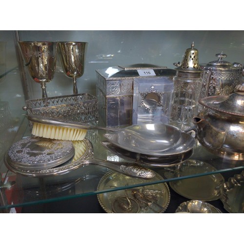 118 - Assorted plated ware on shelf inc teapots