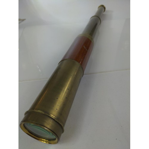 163 - Brass and wood cased 4-draw telescope, with leather carry case