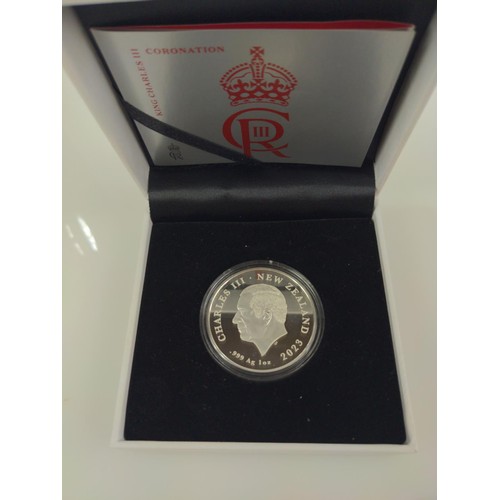 165 - NZ Post Charles III coronation colourised 1oz 0.999 silver proof coin, with booklet and box