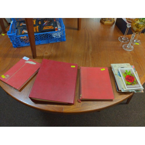 171 - Four part filled stamp albums and binder, together with some vintage cards