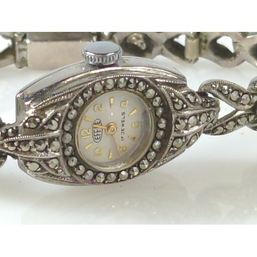 178 - Silver and marcasite cased Effee ladies cocktail wristwatch, 17 jewels, case width 11mm, stainless s... 