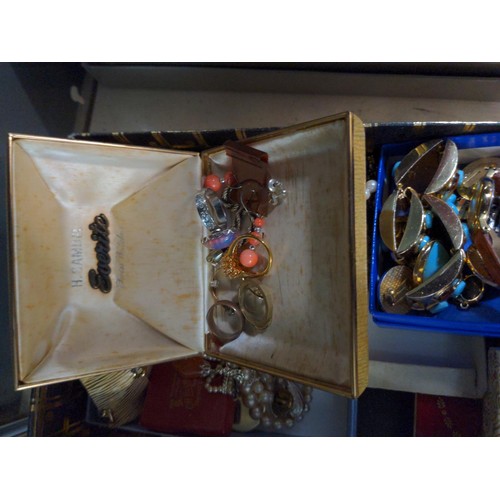 214 - Two boxes of costume jewellery, including some watches and perfumes