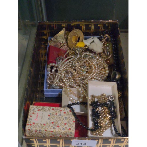 214 - Two boxes of costume jewellery, including some watches and perfumes