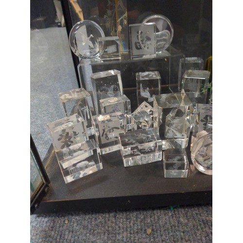 316 - Large selection (over two shelves) of etched glass paperweights/desk furniture. Including depiction ... 