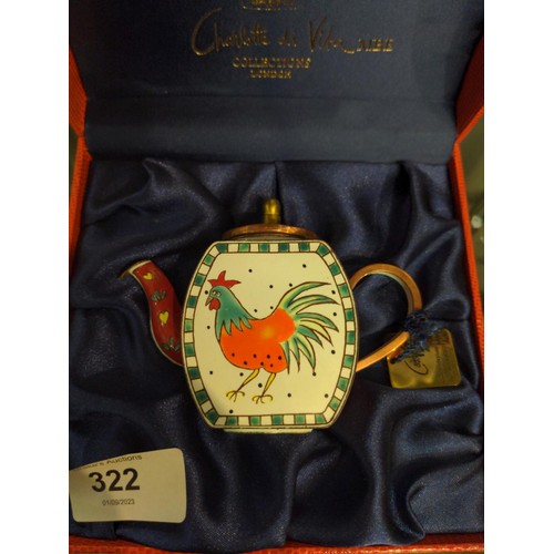 322 - Collectors enamel miniature teapot, Charlotte di Vita Collections, 2001-2002 edition number C773, he... 