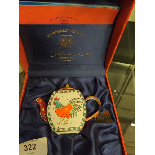 322 - Collectors enamel miniature teapot, Charlotte di Vita Collections, 2001-2002 edition number C773, he... 