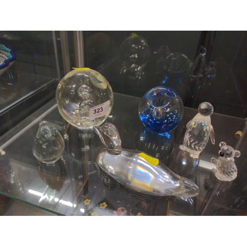 323 - six glass items Inc. 2 x paper weights 2 x crystal animals & 2 x other glass animals 