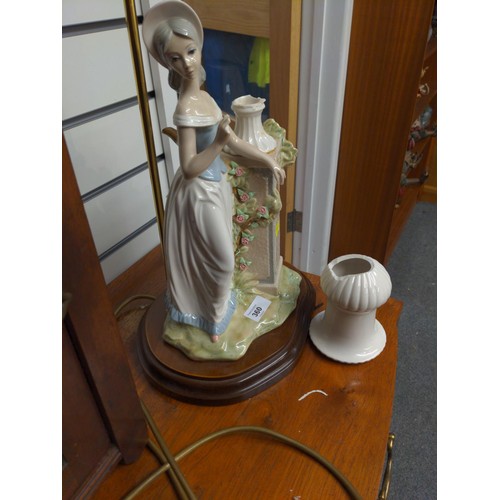 360 - Lladro style figure of a period lady and urn on mahogany base table lamp. H70 cm