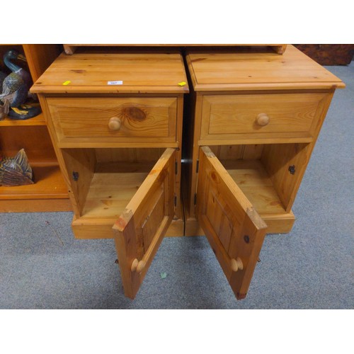 367 - Pair of modern pine bedside cabinets with one cupboard and single drawer and solid base. W41 D38.5 H... 