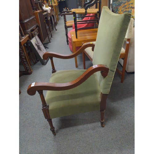 368 - Mahogany inlaid upholstered arm chair with four original castors and curved arm detail. W59 D88 H96 ... 