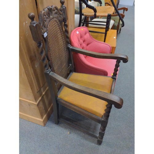 374 - Carved oak barley twist elbow chair with cane back. Seat W55 D48 H112 cm