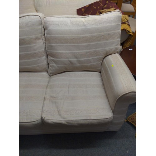 392 - Large 3 seater Collins & Hayes sofa. Feather cushions. Upholstered in striped cream. (In one pie... 