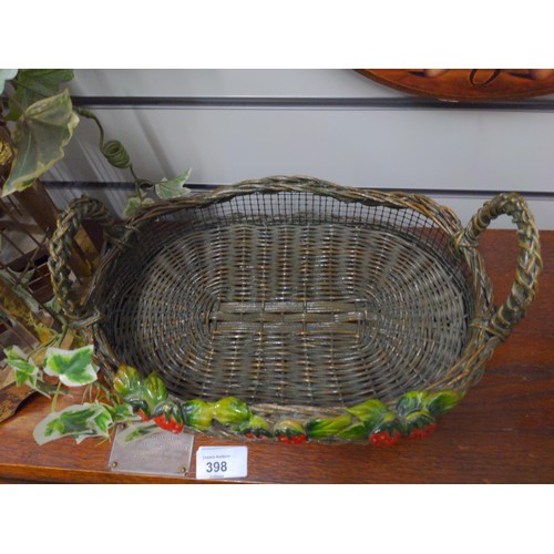 395 - Decorative bird cage (dai. 21cm x height 38cm) and strawberry woven tray.