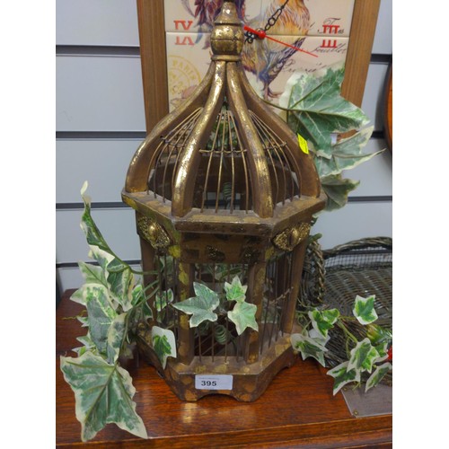 395 - Decorative bird cage (dai. 21cm x height 38cm) and strawberry woven tray.