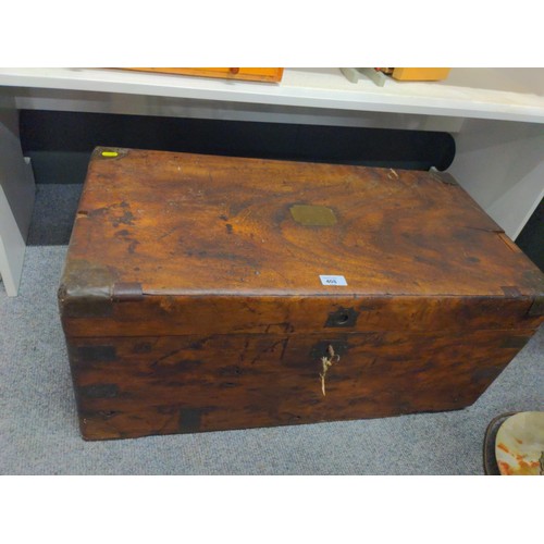 408 - Hard wood campaign style trunk with key.  Width 77cm x depth 41cm x height 35cm.