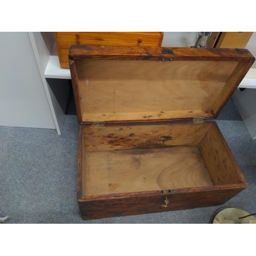 408 - Hard wood campaign style trunk with key.  Width 77cm x depth 41cm x height 35cm.