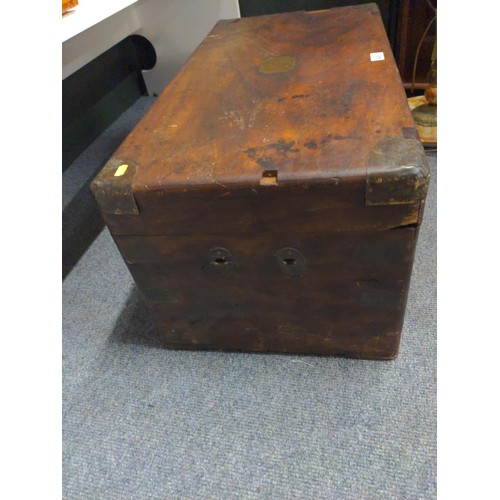 408 - Hard wood campaign style trunk with key.  Width 77cm x depth 41cm x height 35cm.