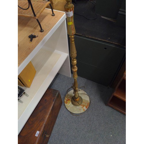 411 - Onyx & brass standard lamp with ornate detail. Height to top of shade 167cm . Plug missing so un... 